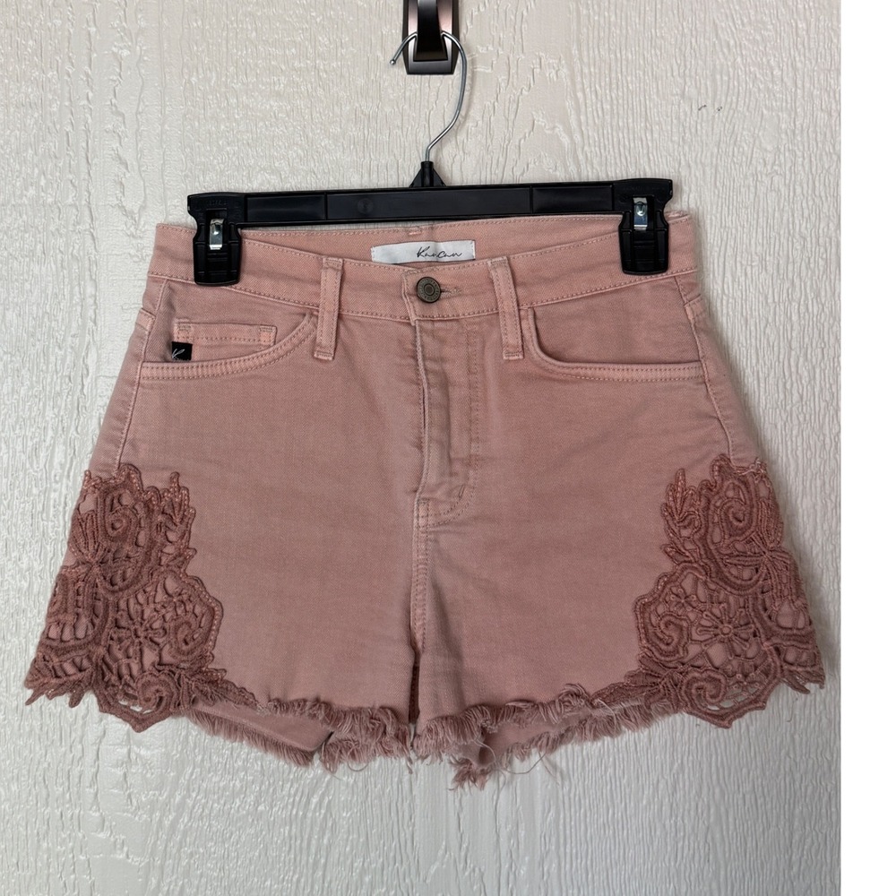 KanCan Pink Lace Sassy Summer BoCutoff Denim Shorts Rose High Rise Womens 26o